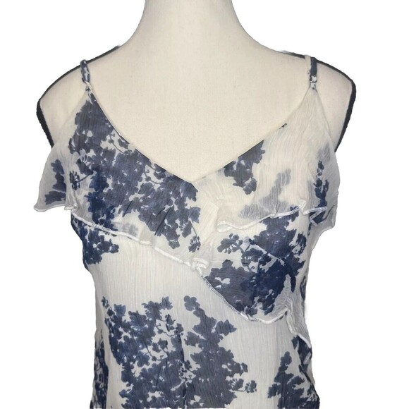 Lucky Brand BLUE Floral Ruffled Adjustable Strap Lined Tank Top Sheer Size Small - Picture 2 of 8